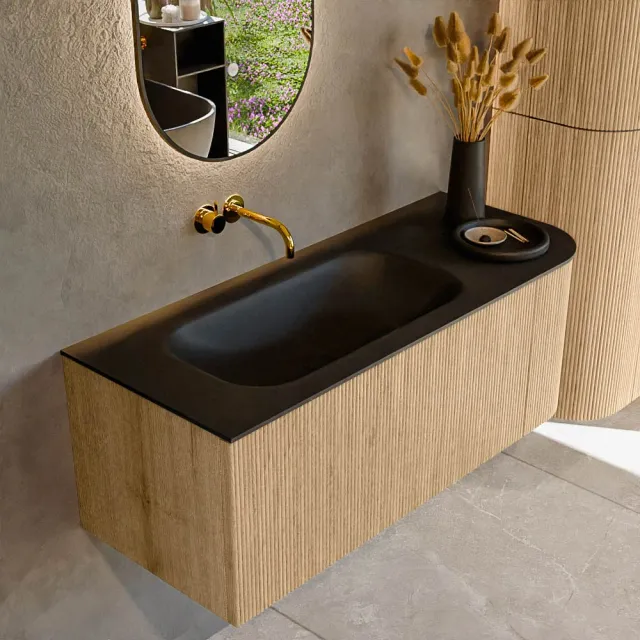 Mondiaz KURVE 115 cm Onderkast Greeploos 1 Lade Met Deuren Oak, Wastafel Solid Surface Links Urban 0 Kraangaten Zonder Spiegel (KRVBGS115R1L1D0KL-Oak/Urb)