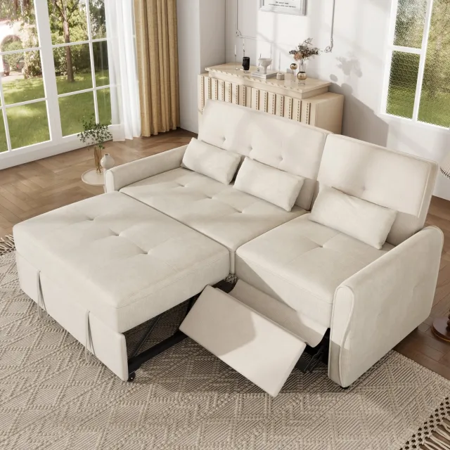 STILVORA Slaapbank 3-Zits - Uitschuifbaar Met Verstelbare Rugleuning En Slaapfunctie - Voor Woonkamer En Gasten - Chenille Beige