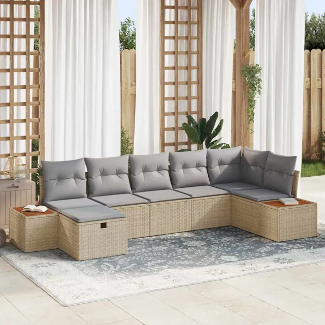 vidaXL Tuin Sofa Set met kussen 7 pcs Beige Poly riet, foto 2