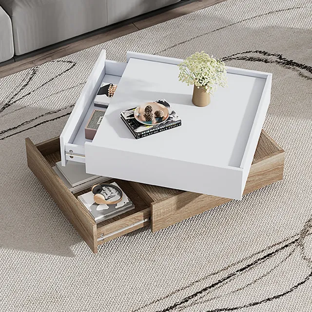 Maisentiel Salontafel 60 x 60 x 38 cm - 360° draaibaar, 2 lades, spaanplaat, wit/walnoot