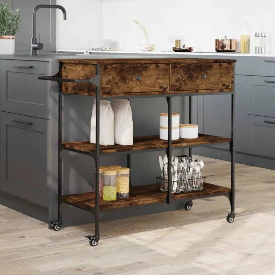 vidaXL Keukentrolley 105x42x95 cm bewerkt hout gerookt eikenkleurig, foto 4