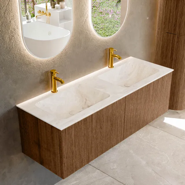 Mondiaz KURVE-DLUX 130 cm Onderkast Greeploos 2 Lades Zonder Deuren Walnut, Wastafel Solid Surface Dubbel Frappe 2 Kraangaten Zonder Spiegel (KRVLEA1302L0D2KD-Wal/Fra)