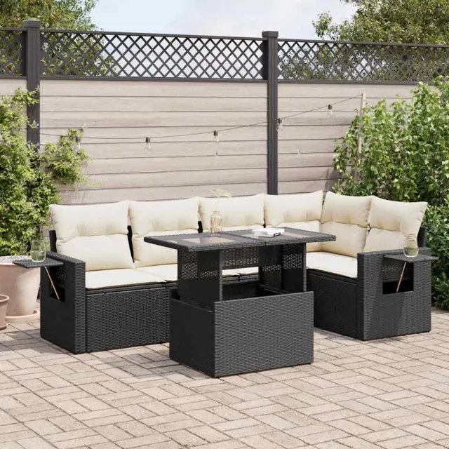 vidaXL 6-delige Loungeset met kussens poly rattan zwart, foto 2