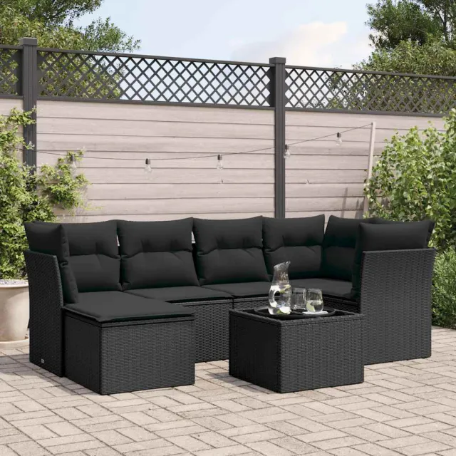 vidaXL 7-delige Loungeset met kussens poly rattan zwart, foto 2