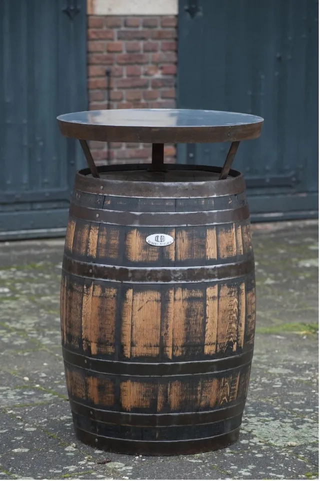 BarrelAtelier Whisky Statafel – Gemaakt van Authentiek Schots Whiskyvat – Ø67 cm x 120 cm hoog – Met Stalen Blad – Bartafel - Duurzaam donkerbruin