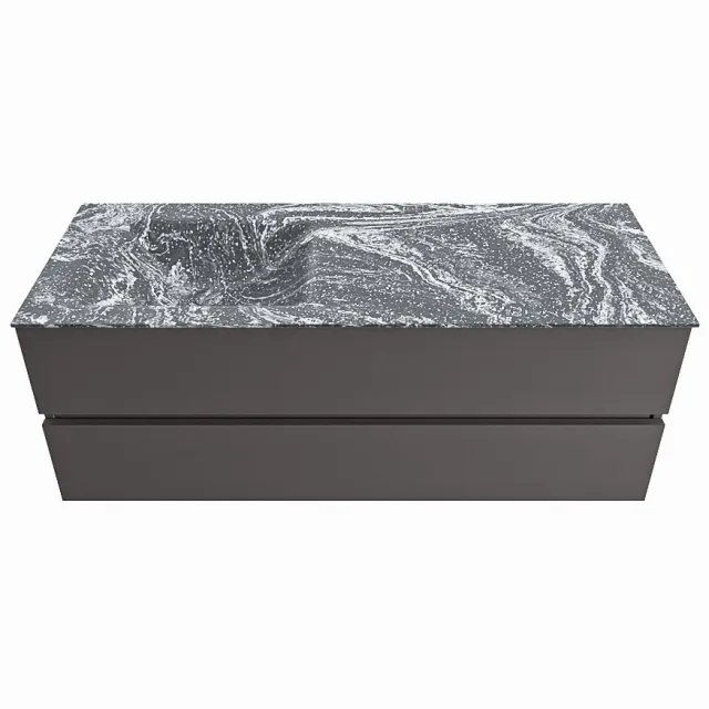 Mondiaz VICA-DLUX 130cm badmeubel onderkast Dark grey 2 lades. Inbouw wastafel CLOUD links zonder kraangat, kleur Lava.