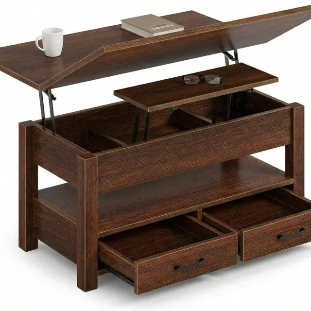 Triumpunpre Convertibele salontafel met opklapbaar blad-Gesplitst blad met 180° draaifunctie en in hoogte verstelbare hoogte - Opbergruimte met 2 lades + verborgen vak-voor woonkamer, eettafel/kantoor - Antiek walnoot Walnut