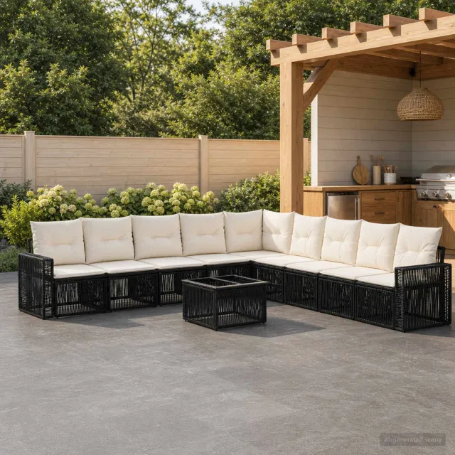 vidaXL Tuinbankenset 10 st 9-zits Zwart en Cream Wit poly rattan, foto 2