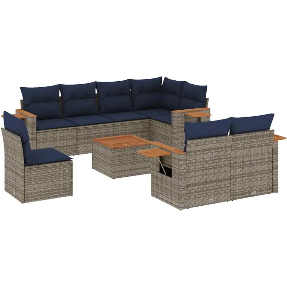 vidaXL 9-delige Loungeset met kussens poly rattan grijs, foto 3