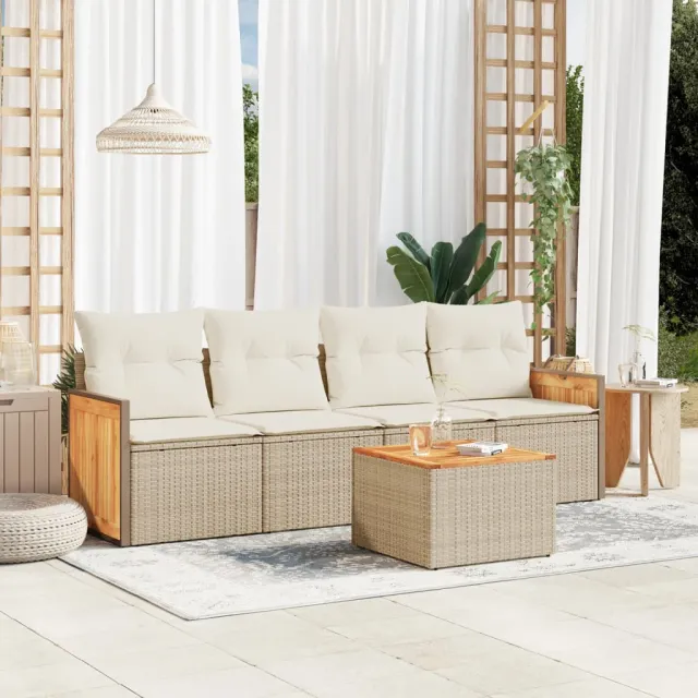 vidaXL 5-delige Loungeset met kussens poly rattan beige, foto 2