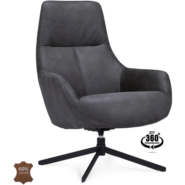 Icon Living Fauteuil Vander Microleder Bull Anthracite Poot Zwart 360° Draaibaar