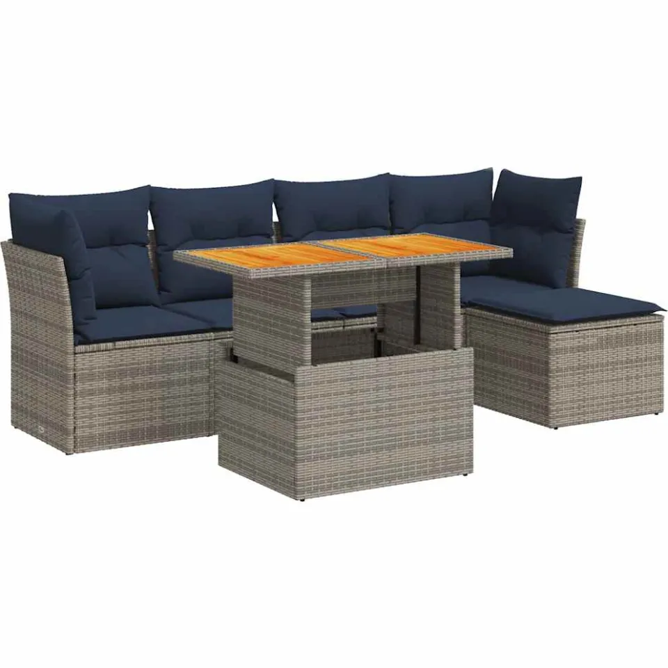 vidaXL 6-delige Loungeset met kussens poly rattan grijs, foto 3
