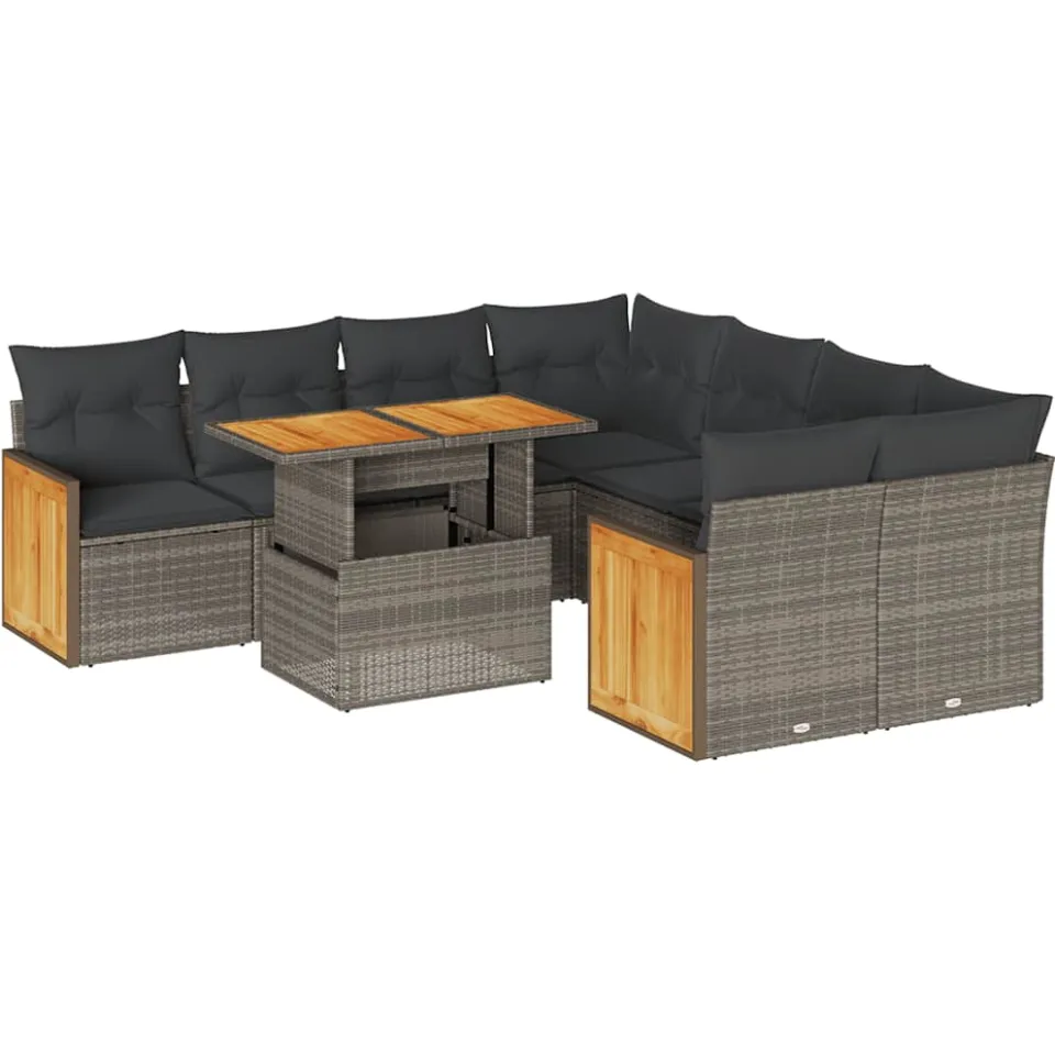 vidaXL 9-delige Loungeset met kussens poly rattan acacia grijs, foto 3