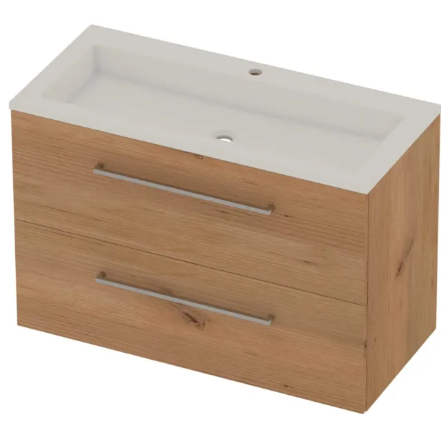 Basic-Line Aura 46 Badmeubelset Acryl 1 Kraangat Voor Grepen 100x46x62 cm Whisky Oak Glans Wit