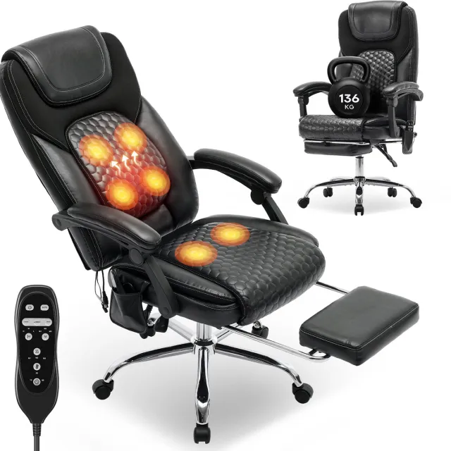 COLAMY massagestoel bureaustoel - verwarming en 6 vibratiepunten - luxe computerstoel met voetsteun - 90-130° verstelbare hoge rugleuning - zwart