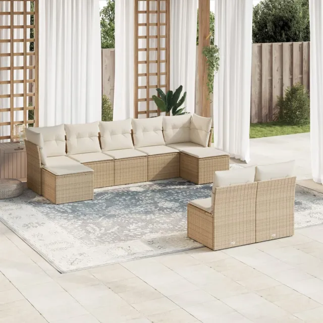 vidaXL 9-delige Loungeset met kussens poly rattan beige, foto 2