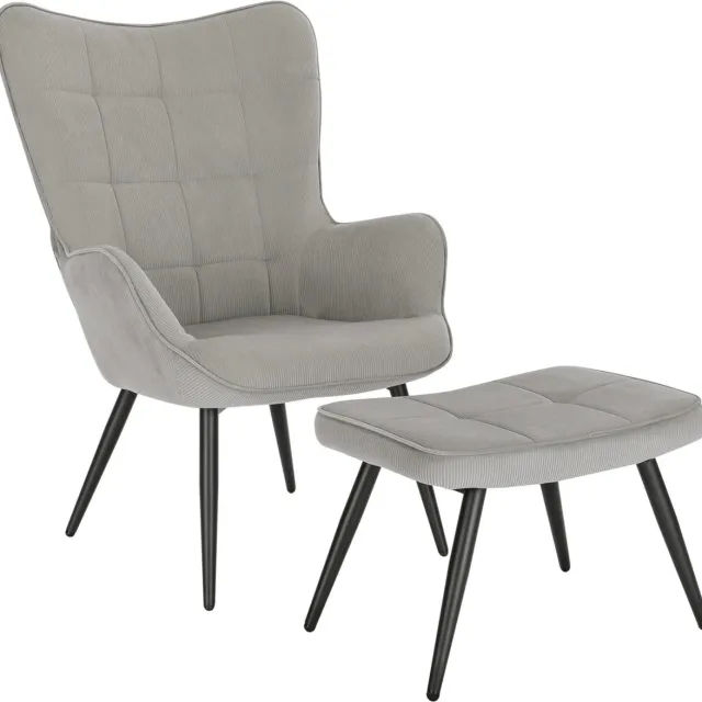 Happyment Luxe Fauteuil met hocker - Armleuning - Voetenbank Woonkamer stoel - Corduroy - Lichtgrijs