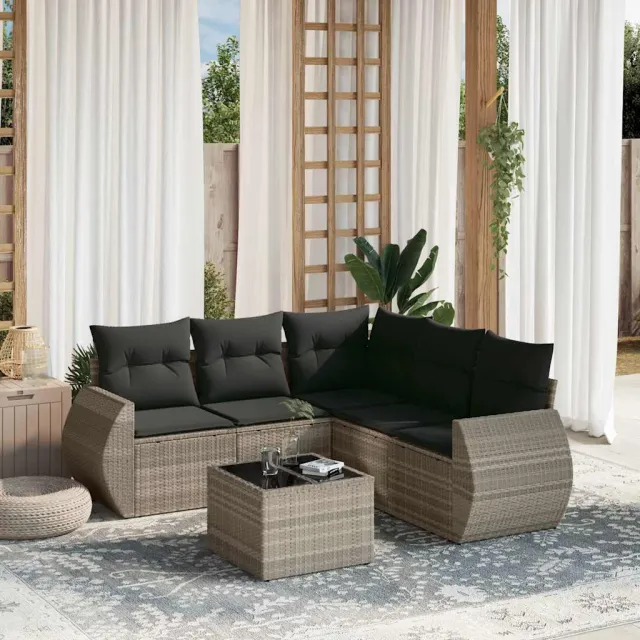 vidaXL 6-delige Loungeset met kussens poly rattan lichtgrijs grijs, foto 2