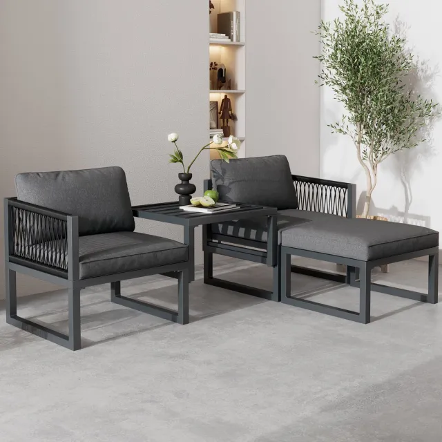 Clruro Tuinlounge-Set - 2-zits + 2 Poefs + Verstelbare Combinaties - Binnen en Buiten - Grijs