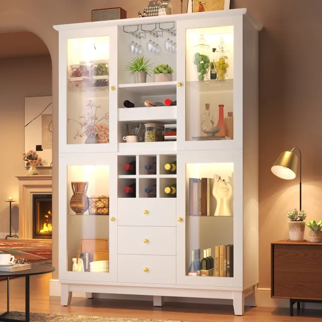OKWISH Wijnkast – Met App-Gestuurde Ledverlichting – 120x40x180,5 Cm – 3 Laden En Wijnrek – MDF Wit