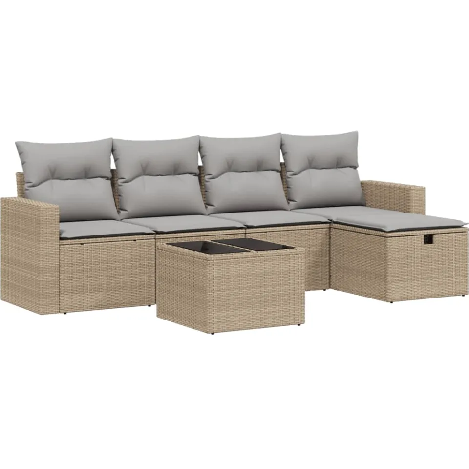 vidaXL 6-delige Loungeset met kussens poly rattan gemengd beige