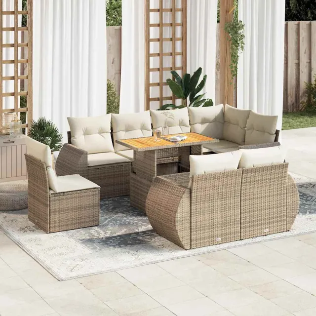vidaXL 9-delige Loungeset met kussens poly rattan beige, foto 2