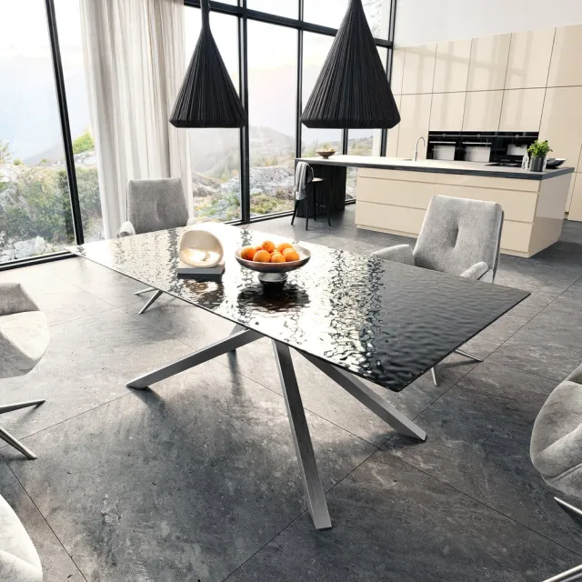 DELIFE Eetkamertafel Edge Glas smelten rokerig zwart 3D-Relief 200x100 kruisframe rechthoek RVS