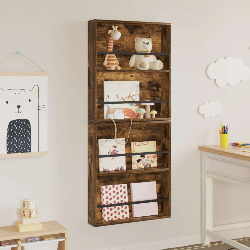 vidaXL Tijdschrift Rek met plank 2 st Gerookt eiken 60 x 12 x 70 cm, foto 4