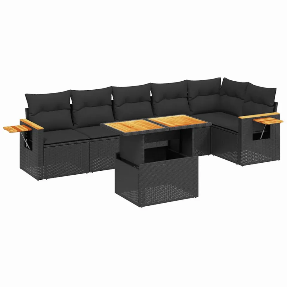 vidaXL 7-delige Loungeset met kussens poly rattan zwart, foto 3