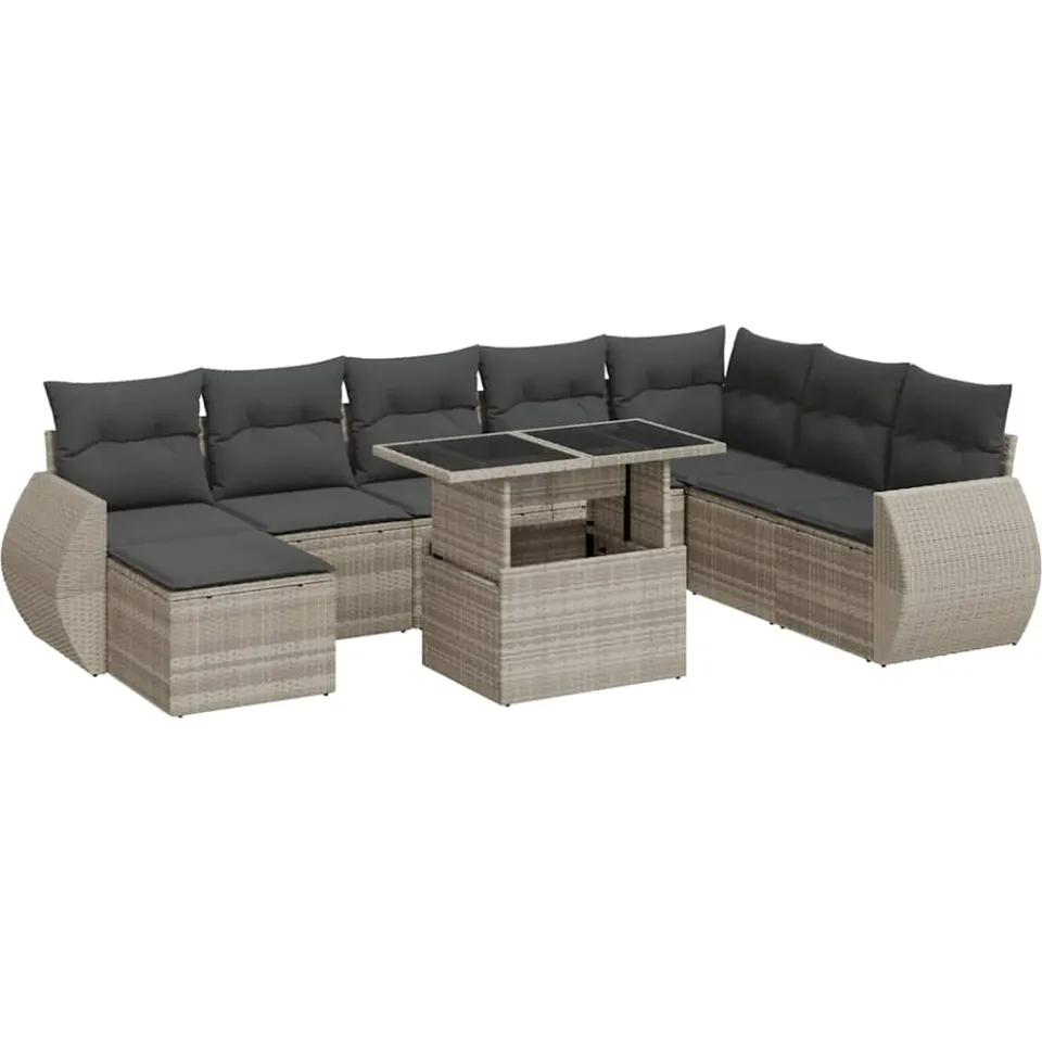 vidaXL 9-delige Loungeset met kussens poly rattan lichtgrijs grijs, foto 3
