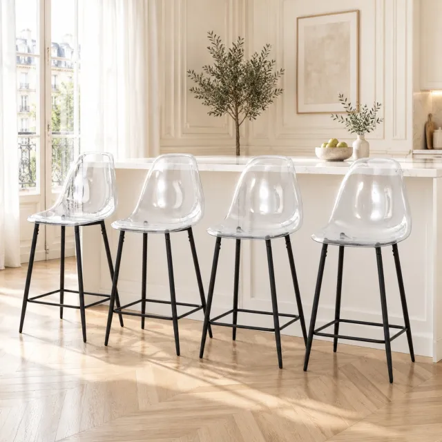 CHICFURN Barkruk - Set van 4 - Transparant - Rugleuning - Zwart