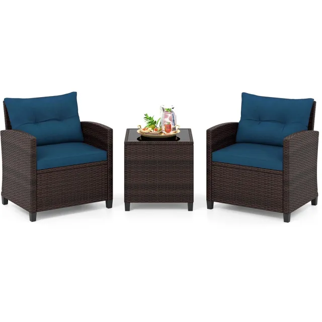 Costway Rieten Tuinmeubelset, 3-delig. Balkonmeubelen inclusief 2 Fauteuils, Kussens & Tafel met Gehard Glazen Blad, Kleine Balkonmeubelen, Weerbestendige Zitset voor 2 Personen (Pauwenblauw)