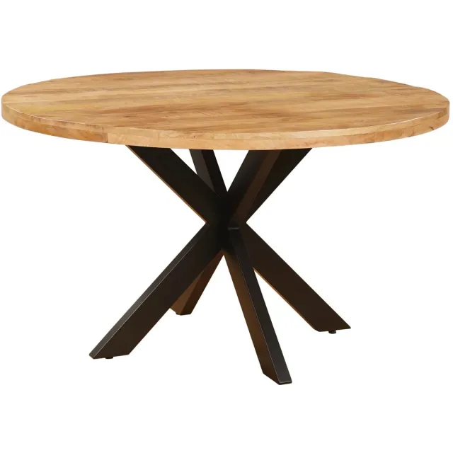 Sfeerwonen Enzo Eettafel Rond - 130 cm - Mangohout Naturel - Rechte Rand Afwerking - Stalen Matrix Onderstel