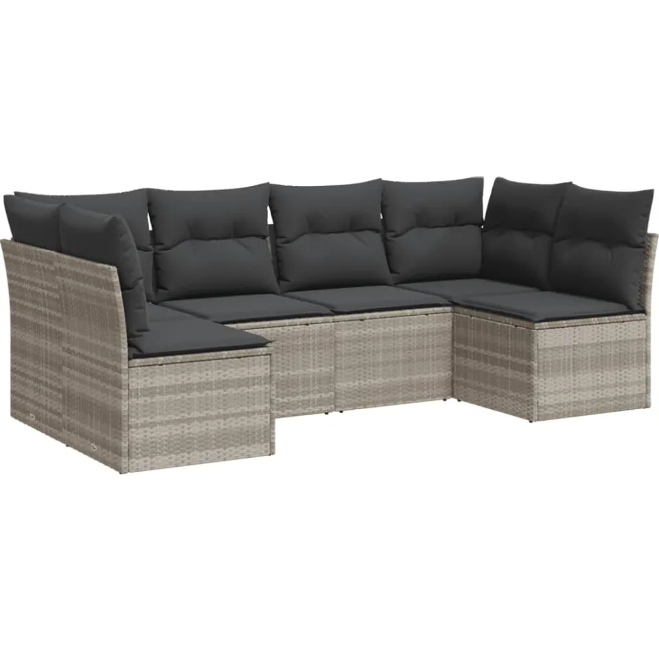 vidaXL 6-delige Loungeset met kussens poly rattan lichtgrijs grijs