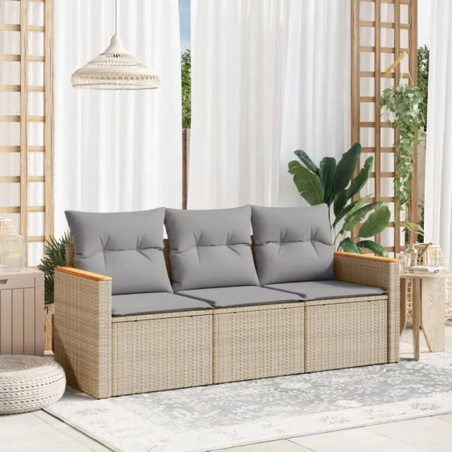 vidaXL 3-delige Loungeset met kussens poly rattan beige, foto 2