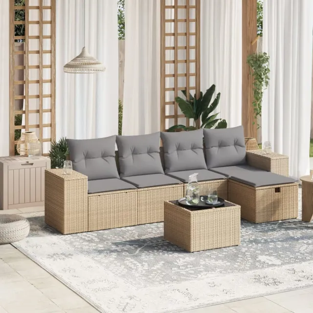 vidaXL 6-delige Loungeset met kussens poly rattan gemengd beige, foto 2
