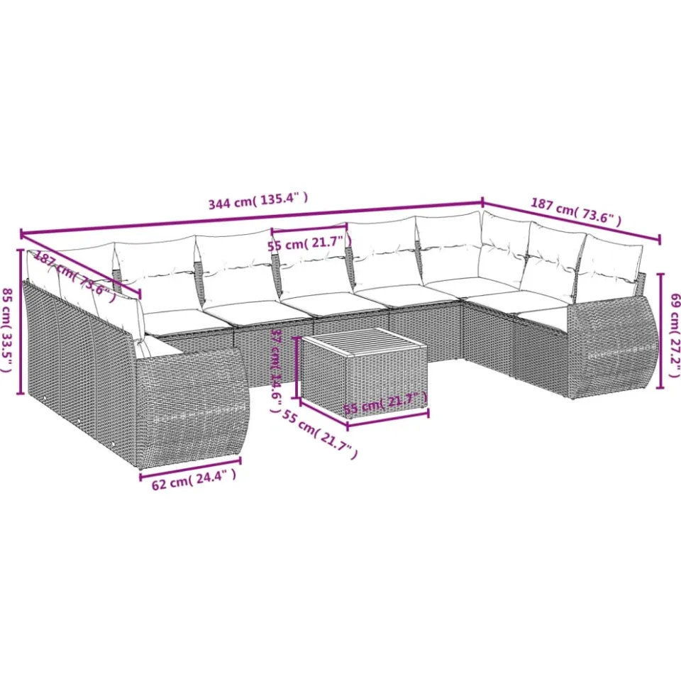 vidaXL 11-delige Loungeset met kussens poly rattan zwart, foto 3
