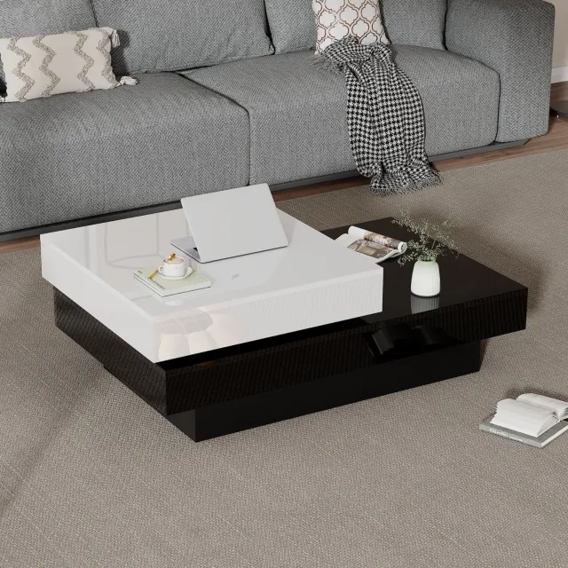 Maisentiel Draaibare Salontafel 103 x 60 x 35,5 cm - 2 Niveaus Hoogglans Wit/Zwart