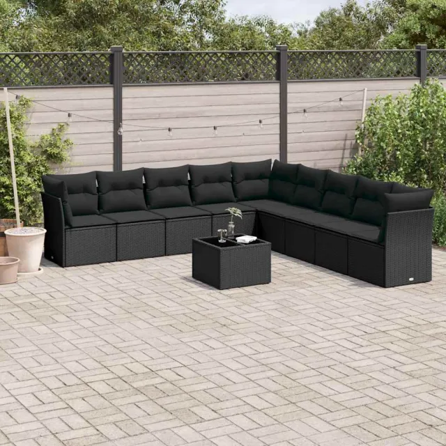 vidaXL 10-delige Loungeset met kussens poly rattan zwart, foto 2