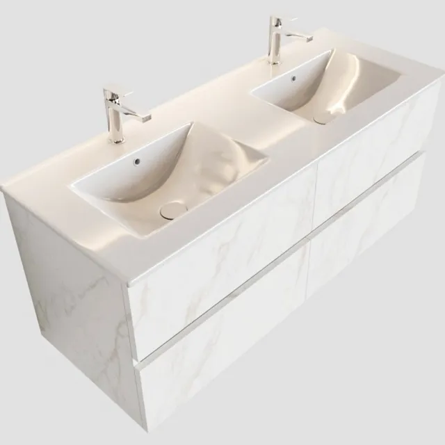 Boss & Wessing Badkamermeubel BWS Madrid Carrara Mat 120 cm Keramische Wastafel Dubbel (2 kraangaten, 4 lades)