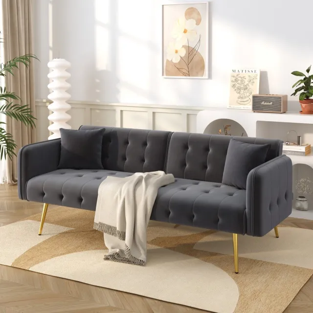 MODENUIT Slaapbank 215 x 81,5 cm - Verstelbare Rugleuning en Armleuningen - Voor Woonkamer - Velours Grijs