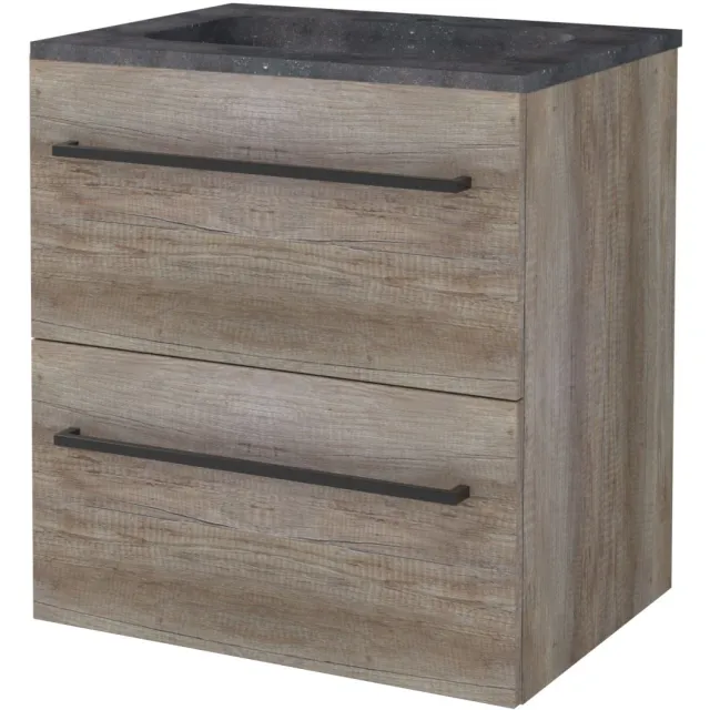 Boss & Wessing Badmeubelset BWS Salt 60x46cm Met Grepen 2 Lades Met Wastafel Hardsteen 1 Kraangat Scotch Oak Bruin