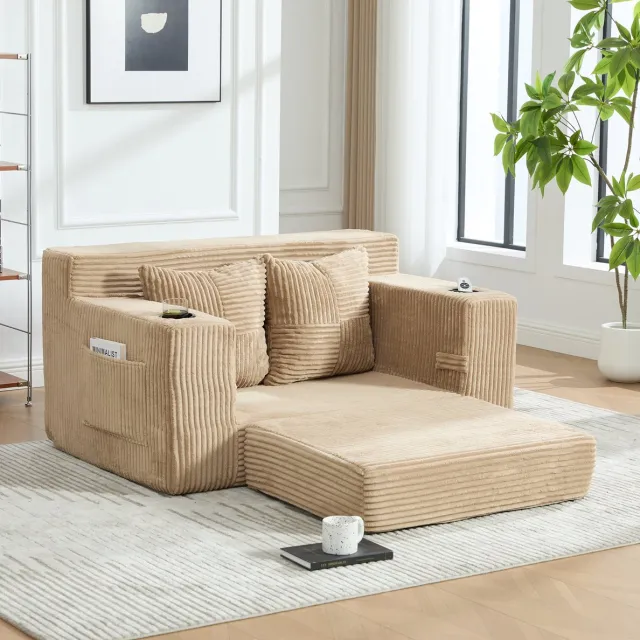 FloraGrace Slaapbank - 2-Zits - Met 2 Kussens, Cupholder & Opbergvakken - Voor Woonkamer of Lounge - Corduroy - Khaki