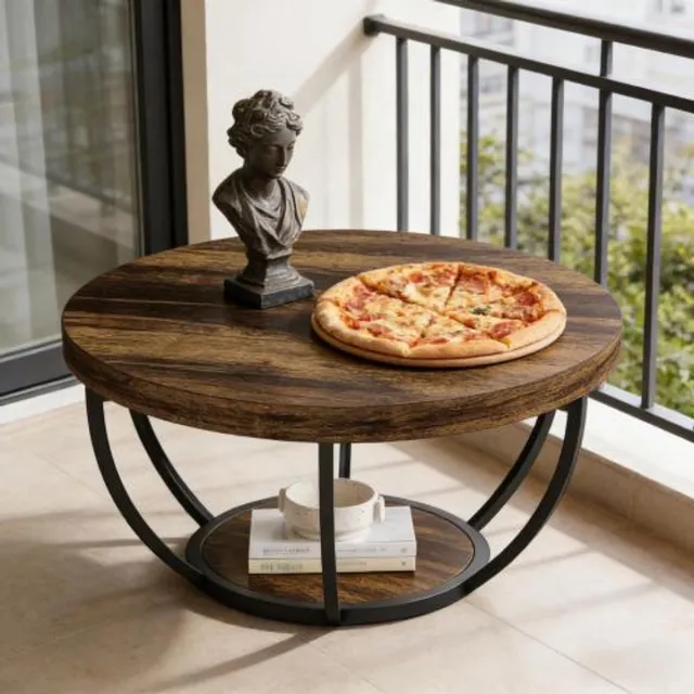MIVRAY Salontafel - Ronde Bijzettafel Met 2 Niveaus - Voor Woonkamer Of Kantoor - Hout En Metaal - Rustiek