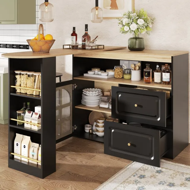 Maisentiel Uitschuifbare bartafel met opbergruimte - 360° draaibaar - 138-204 x 39 x 104 cm - zwart