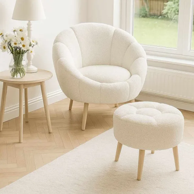 Bliss Skye Decor, Oorfauteuil en poef set (2 stuks), Lida - White, Wellsoft, Wit, 42 x 100 cm