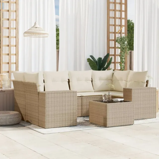 vidaXL 7-delige Loungeset met kussens poly rattan beige, foto 2