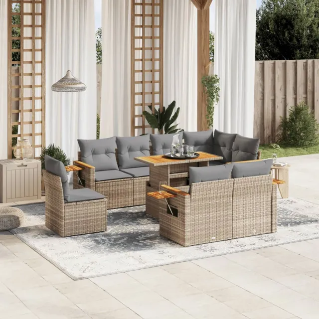 vidaXL 9-delige Loungeset met kussens poly rattan beige, foto 2