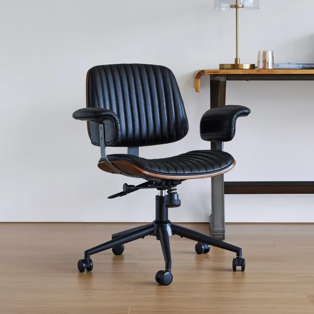 REDOM Bureaustoel - Hoogteverstelbare zitting - 360° draaibaar met wielen - Vaste armleuningen - Leer en metaal - Zwart - 73 x 59 x 87 cm