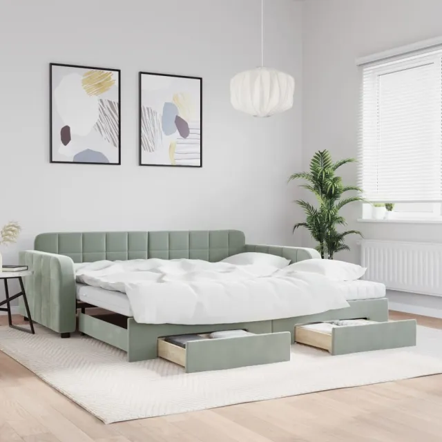 vidaXL Slaapbank onderschuifbed en lades 100x200 cm fluweel lichtgrijs grijs